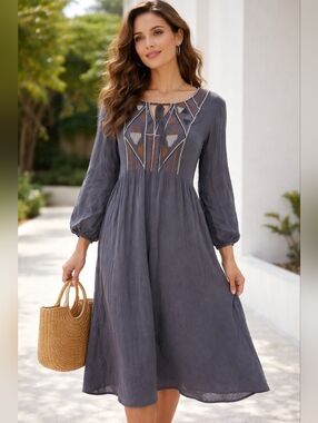 Ivy/ Boho Embroidered Long Sleeve Grey Midi Dress/ Size US XL